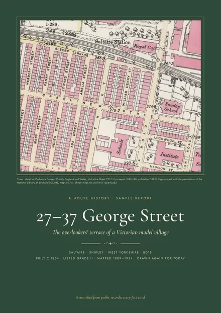 Cover of the sample report: 27–37 George Street, the overlookers’ terrace of a Victorian model village, over a detail of the 1893 Ordnance Survey map.