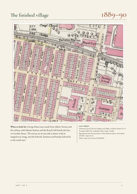 Page 6: the 1893 edition of the 25-inch Ordnance Survey map of Saltaire, with notes on what to look for and the map credit.