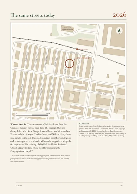 Page 10: a modern map of the same Saltaire streets, with a ring marking the listed terrace.