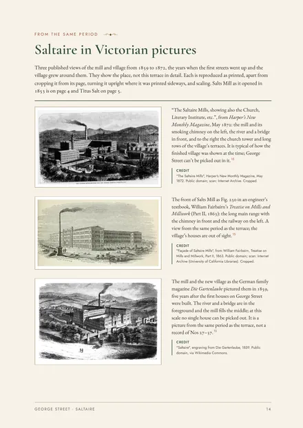 Page 14: Saltaire in Victorian pictures, three engravings of the mill and village from 1859 to 1872 with captions and credits.