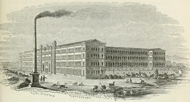Engraving of the façade of Saltaire Mills with its chimney, a railway on the left and alpacas grazing in the foreground.