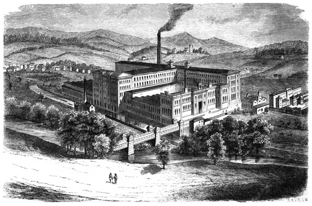 Wood engraving of Salts Mill with its tall chimney, a bridge over the river in front and hills behind.