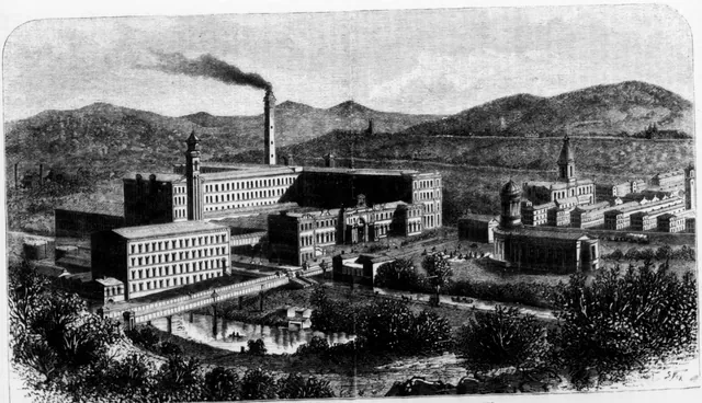 Engraving of Saltaire from above: the mills and chimney on the left, the river and bridge in front, the church and institute with rows of terraces on the right.